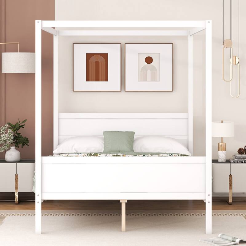 White Modern Pine Wood Canopy Bed, Headboard/Footboard, Storage Space Under