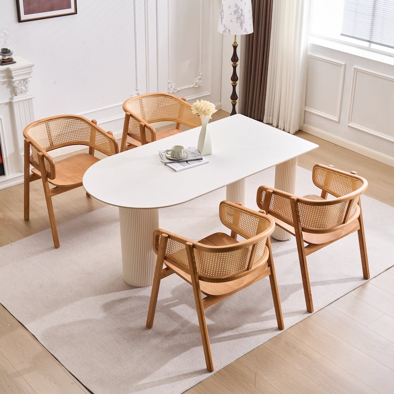 Christopher Knight Home - Mid-Cenutry Natural Rattan Mesh Dining Chairs Set with Ergonomic Curved Back and Armrests - Set of 4 - Light Brown