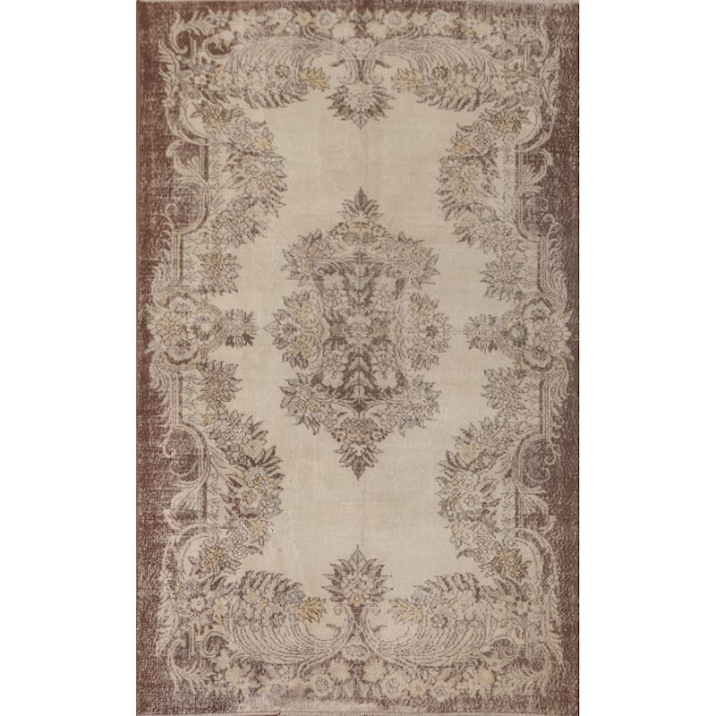 Anatolian Turkish Vintage Rug Handmade Distressed Beige Wool Carpet - 6'1" x 9'7"