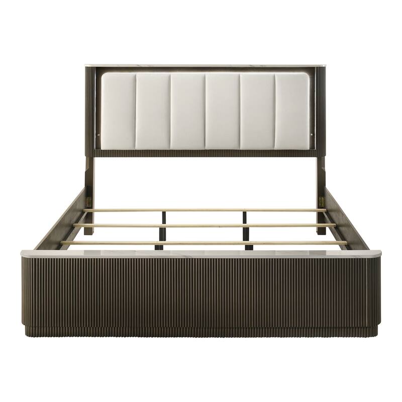 Furniture of America Alta Modern Dark Walnut Panel Bed with LED on Leatherette Headboard