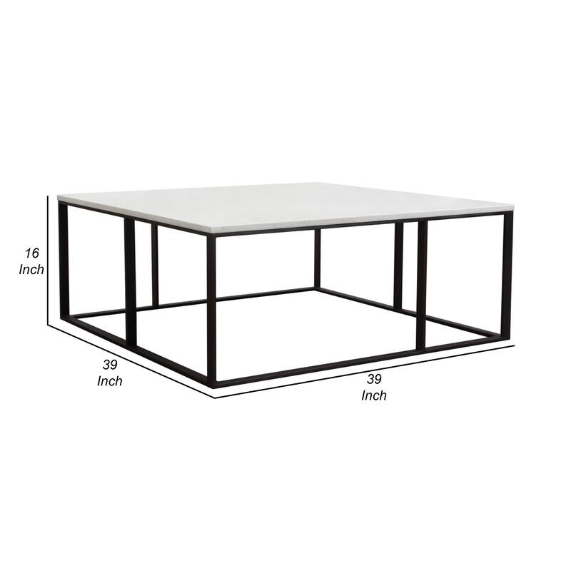 Lify Cocktail Coffee Table, Modern 39 Inch Square White Marble Top, Black Base