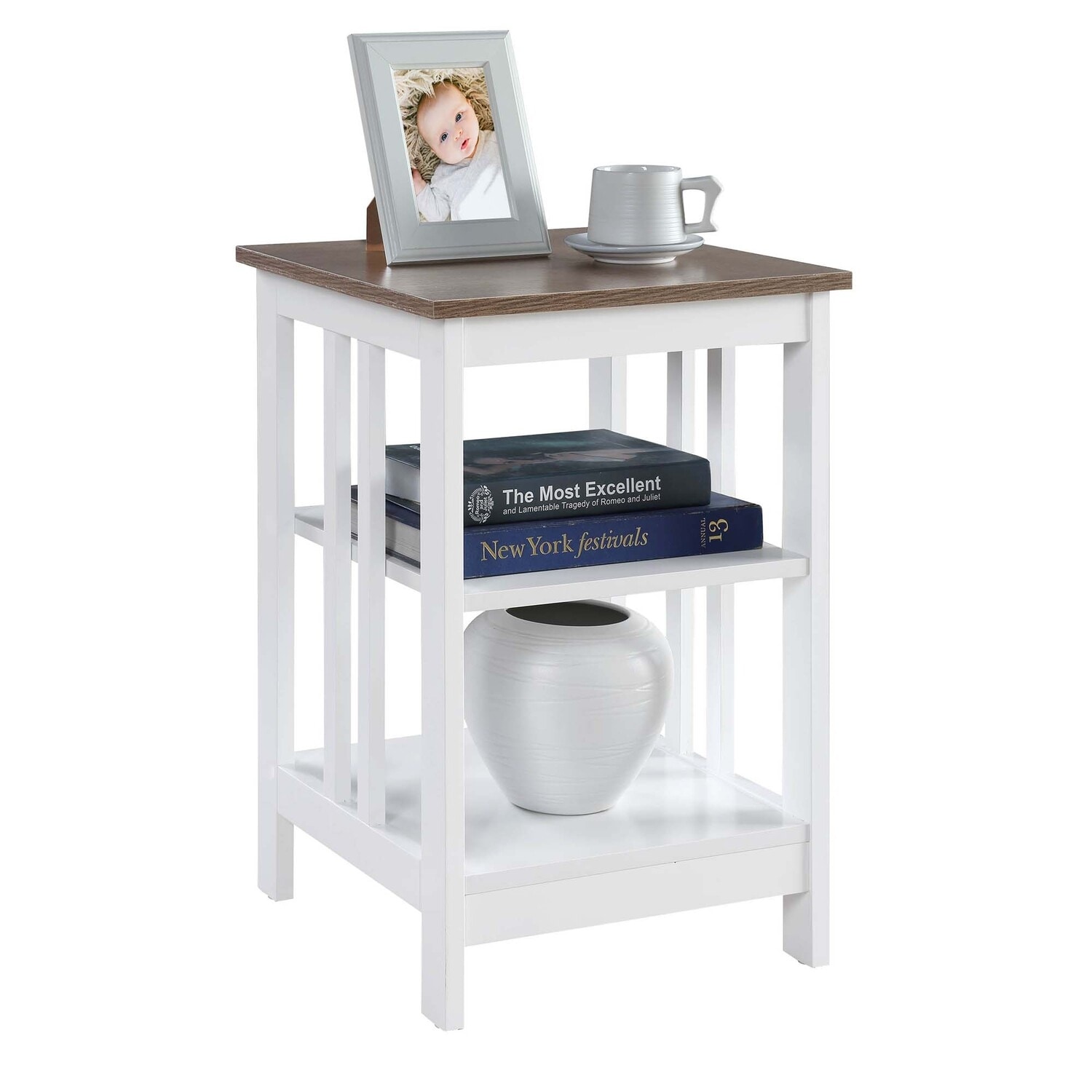End Table with Smooth Top and Two Shelves, MDF Construction, Transitional Accent Side Table for Living Room or Bedroom Décor