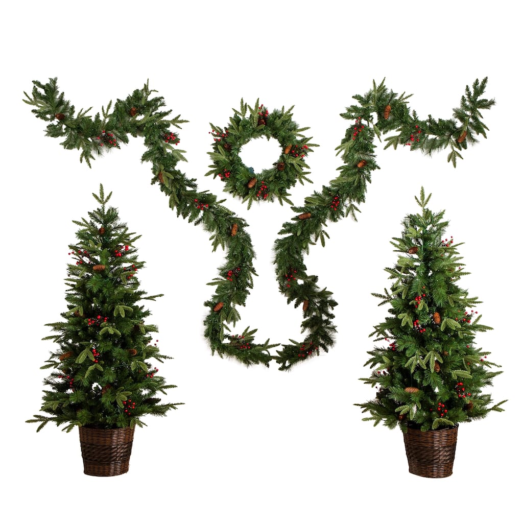 Pre-Lit Artificial Christmas Holiday 5 Piece Bundle with Pinecones
