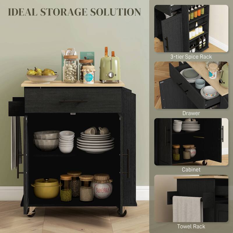 30" Rolling Kitchen Storage Cart with AC Outlets and USB Ports