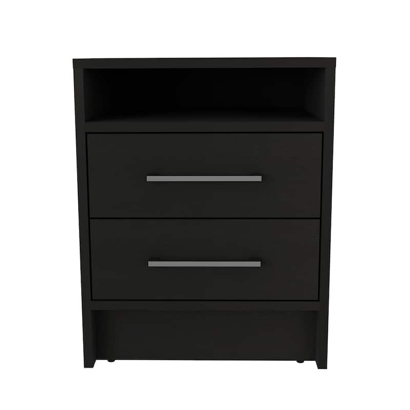 Two-Drawer Nightstand with Open Shelf, Black Wengue Finish, Metallic Handles