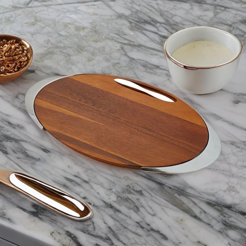 Nambe Eclipse Acacia Wood Cheese Board w/ Stainless Steel Knife - 18" x 10.75" x 1.5"