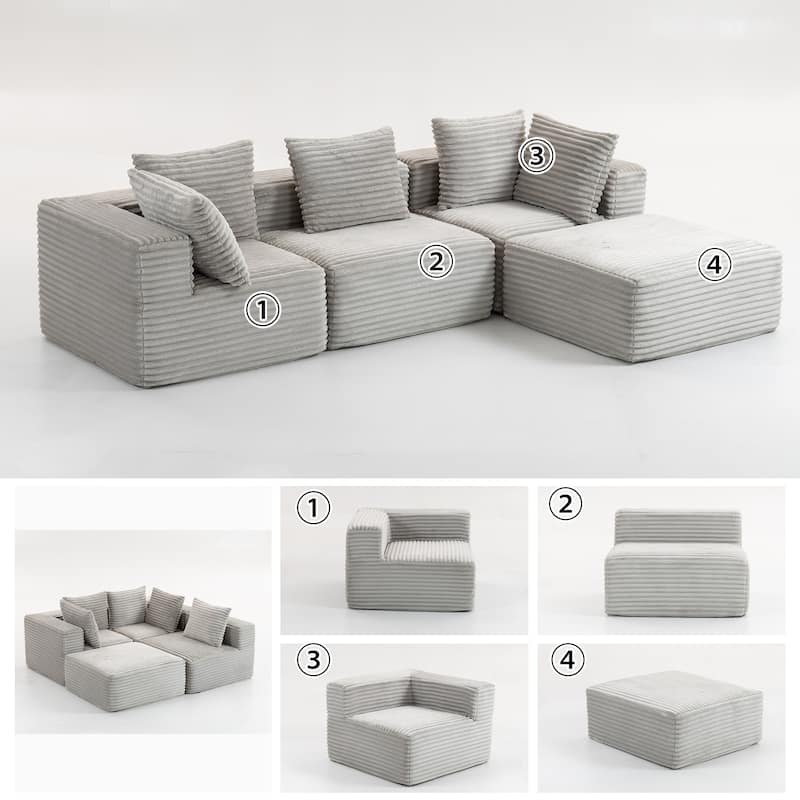 Floor Standing Deep Seat Sofa Corduroy Modular L-shaped Sectional Sofa with Chaise Lounge Compressed Sofa with Ottoman - Smoke Grey
