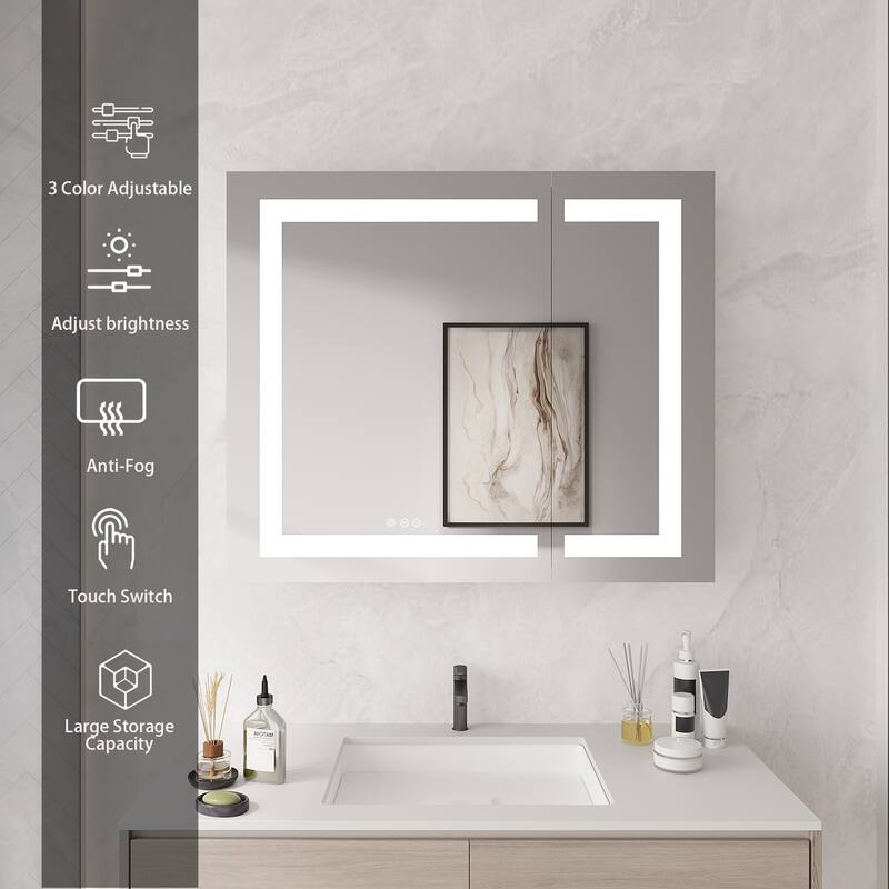 36 in. W x 30 in. H Rectangular Aluminum Frameless Double Door LED Lighted and Defogger Medicine Cabinet with Mirror