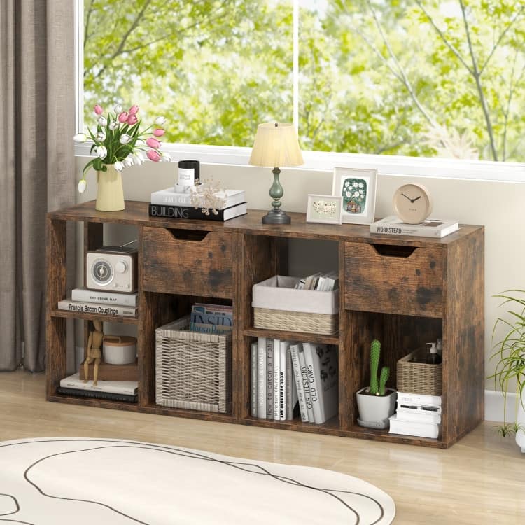 2-Tier Wooden Bookcase with Pull-out Drawer for Bedroom or Living Room