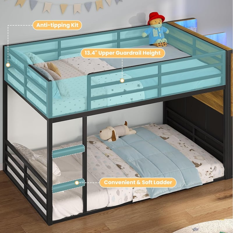 Twin Size Low Loft Bed 6 Fabric Storage Drawers LED Lights Twin Over Twin Bunk Bed
