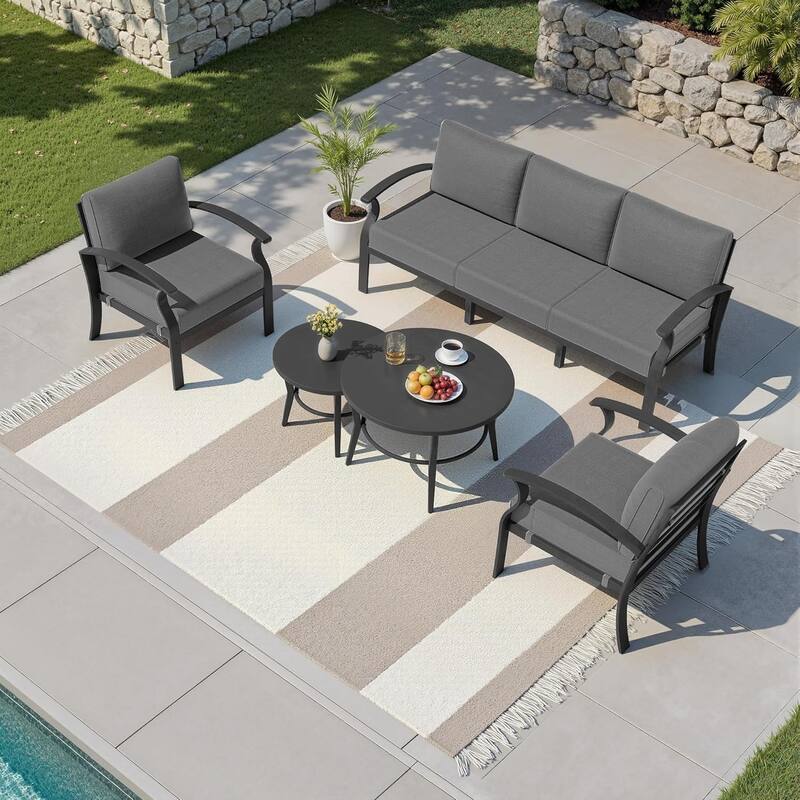 Kullavik Aluminum Outdoor Patio Sectional Sofa Set with Swivel Rocking Chairs and Coffee Table - Grey - 5-Seats-Round Table