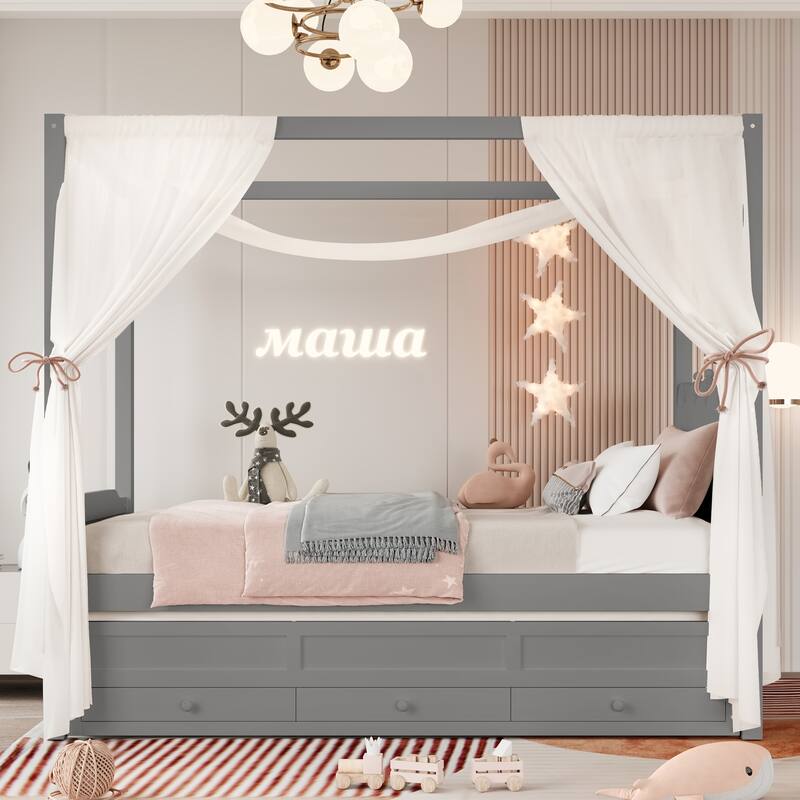 Roomfitters Canopy Bed with Trundle and Drawers, Upholstered Crown Headboard, Solid Wood Frame - Grey - Twin