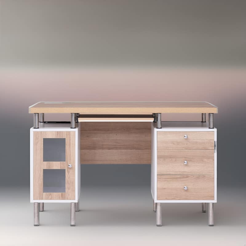 3-Drawer Filing Cabinet, Two-Tone Office Desk Power Outlets & USB Ports – Includes 3 Drawers and 1 Storage Cabinet