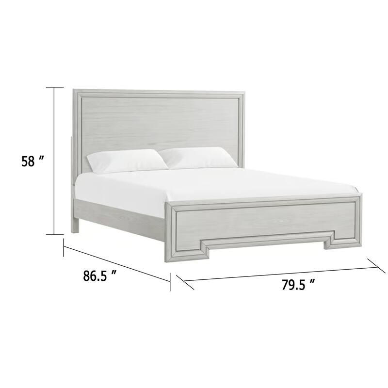 Basil King Size Bed, Rustic White Solid Wood, Transitional Panel Design