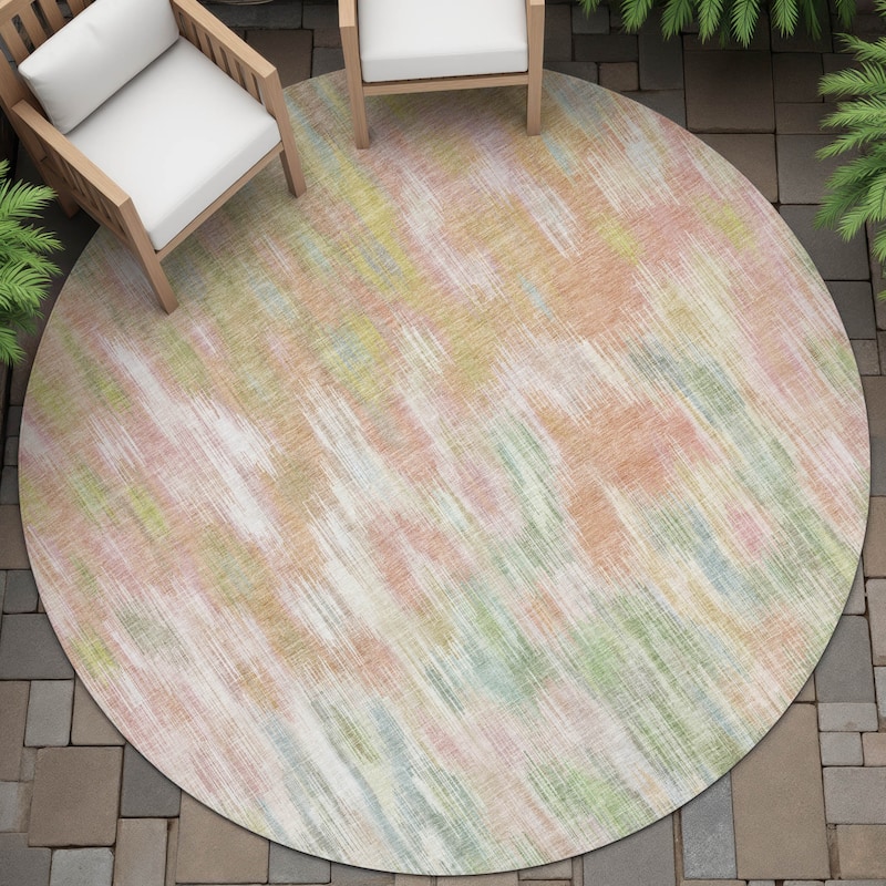 Machine Washable Indoor/Outdoor Modern Watercolor Chantille Rug - Coral - 8' x 8'