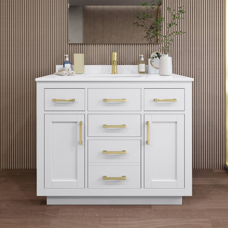 Wyndham Collection WCG262642S-QTZ-UNSMXX Beckett TK 42" Free Standing - White / White Quartz Top / Brushed Gold Hardware