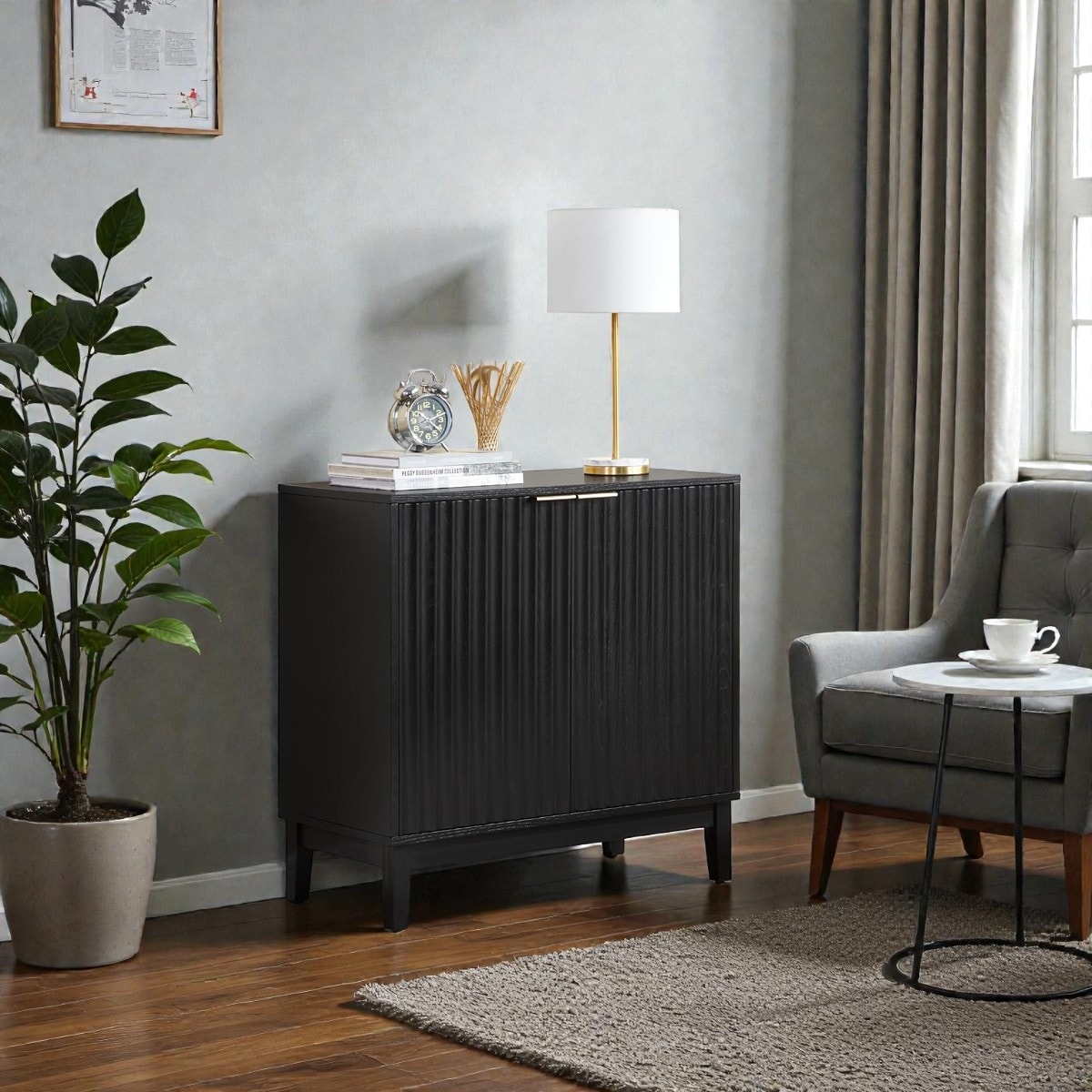 2-Door Fluted Storage Cabinet with Brass Handles, Natural Wood Accent Chest for Entryway, Dining Room or Living Room