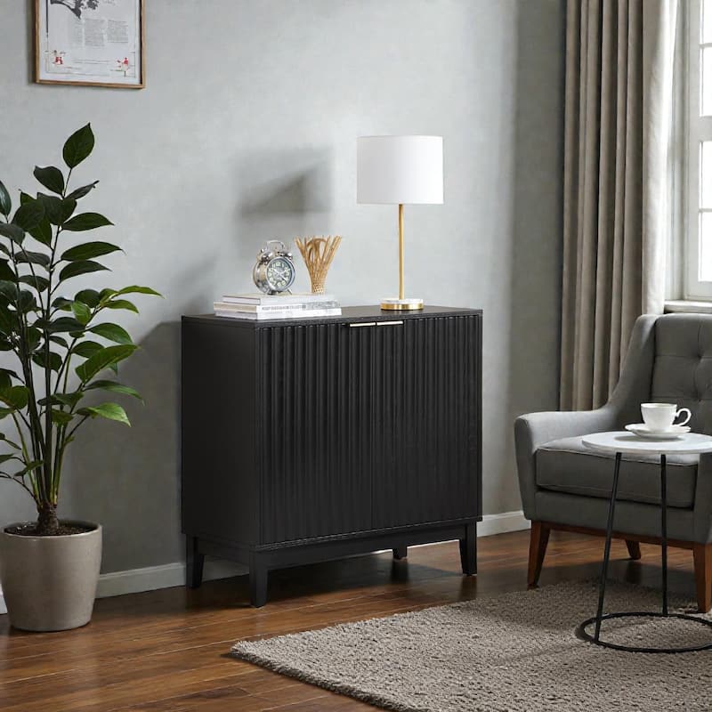 2-Door Fluted Storage Cabinet with Brass Handles, Natural Wood Accent Chest for Entryway, Dining Room or Living Room - Black