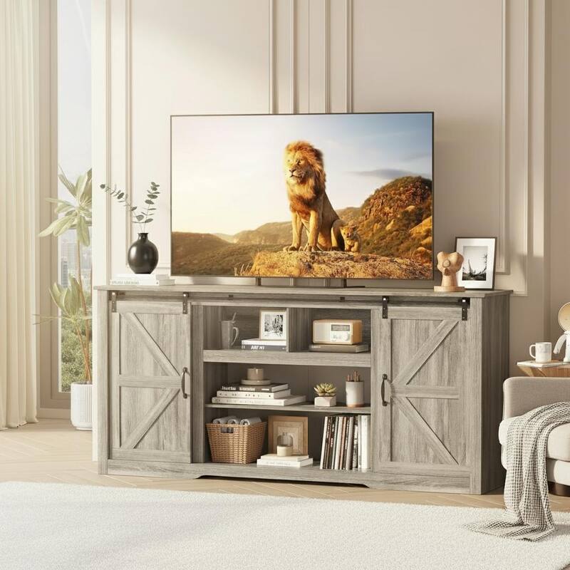 Farmhouse TV Stands, with Adjustable Shelves & Sliding Barn Door - Dark Grey