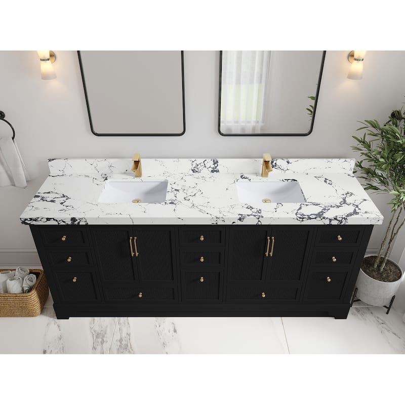 Willow Collections 84 in. W x 22 in. D Alys Double Bowl Sink Bathroom Vanity with Countertop - 2"Viola Night - Black