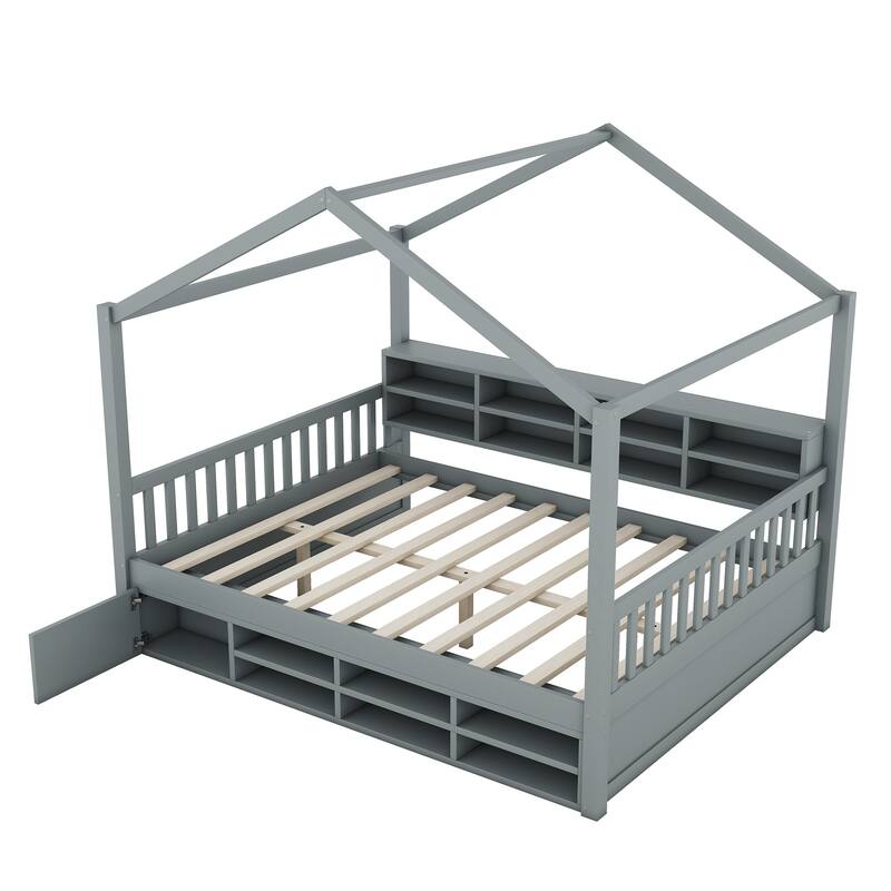 Full Wooden House Bed with Shelves and Mini-Cabinet - White/Gray