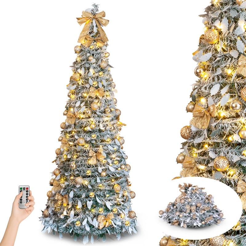7 FT Snow Flocked Pre-lit Artificial Pop Up Christmas Tree with Golden Ornaments for Home Office Store Holiday Deco, Snowy Green