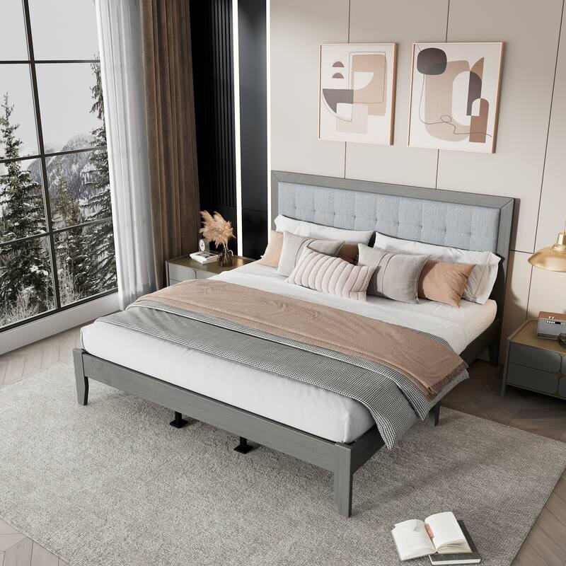 Solid Wood Platform Bed Frame with Square Tufted Headboard