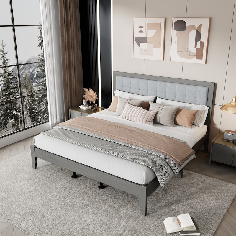 Solid Wood Platform King Bed with Upholstered Headboard, Mid-Century Modern Design - Grey