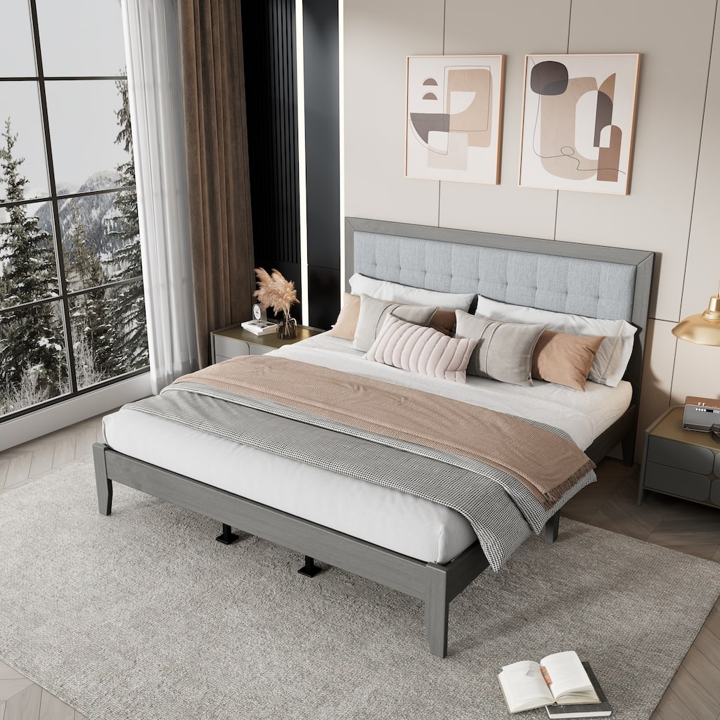 Solid Wood Platform King Bed with Upholstered Headboard, Mid-Century Modern Design
