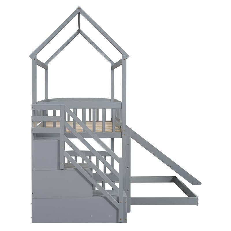 Twin Over Full Bunk Bed with Slide and Storage, Gray