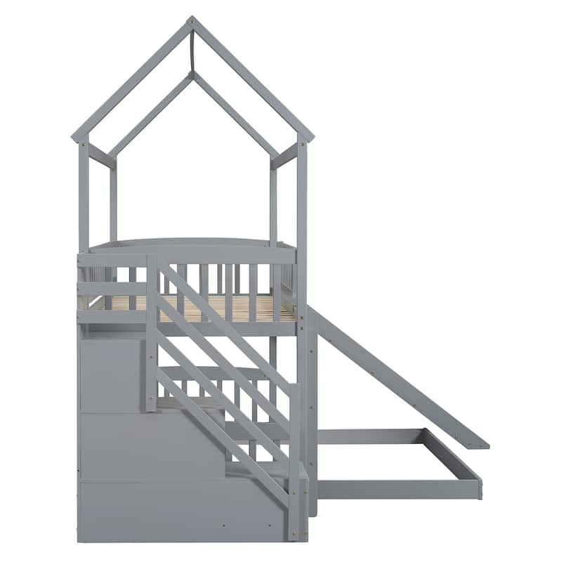 Twin over Twin Size Pine Wood Bunk Bed with Two Drawers and Slide for Kids