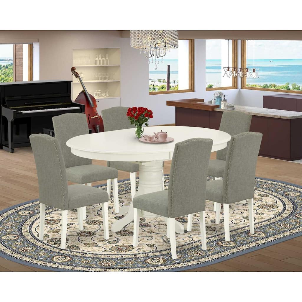 HomeStock 7-Pc Oval Linen White Finish Solid Wood Top Dining Table with 6 Parson-Chairs with Butterfly Leaf