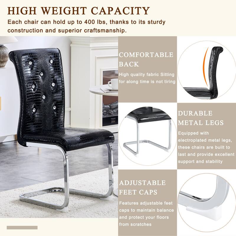 Set of 2, Retro Faux Alligator Skin Upholstered Dining Chairs, with Crystal Buckle Design and Faux Leather Design