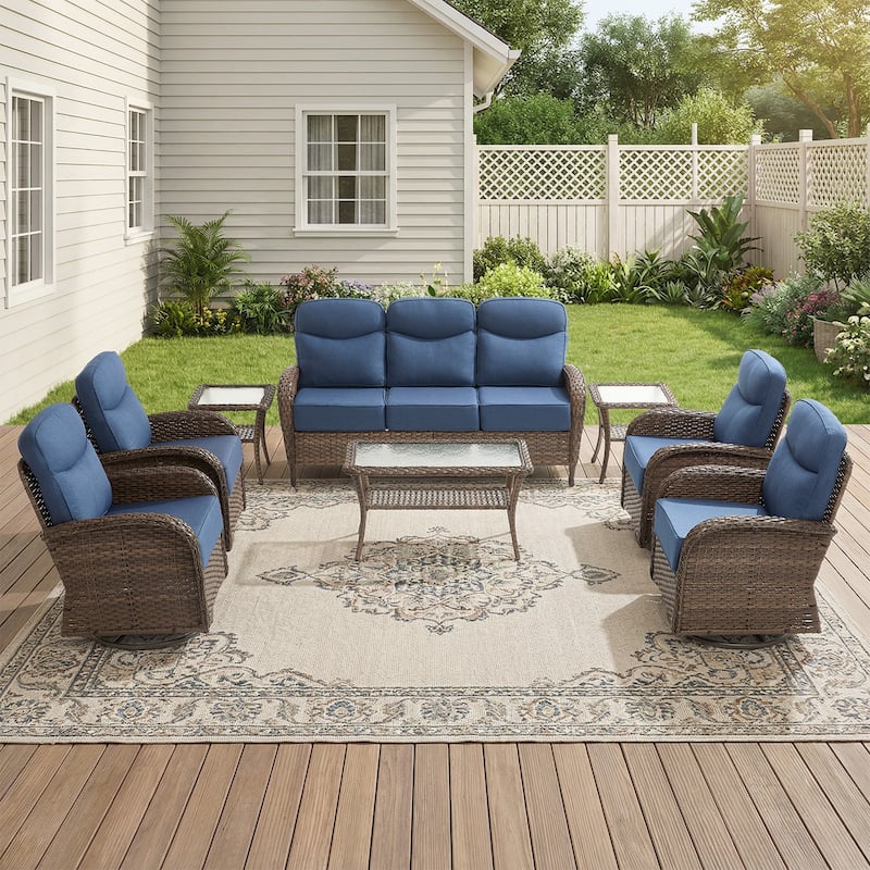 Pocassy Outdoor Sofa Swivel Chair and Ottman with Fire Pit Table - Brown Wicker Blue Cushion - 8-Piece Sofa Swivel Chiar with Table