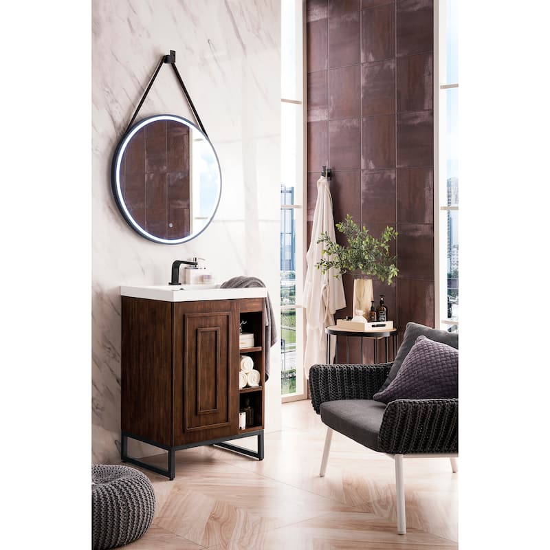 James Martin Vanities Alicante 24" Single Vanity Cabinet, Mid Century Acacia w/ White Glossy Composite Stone Top