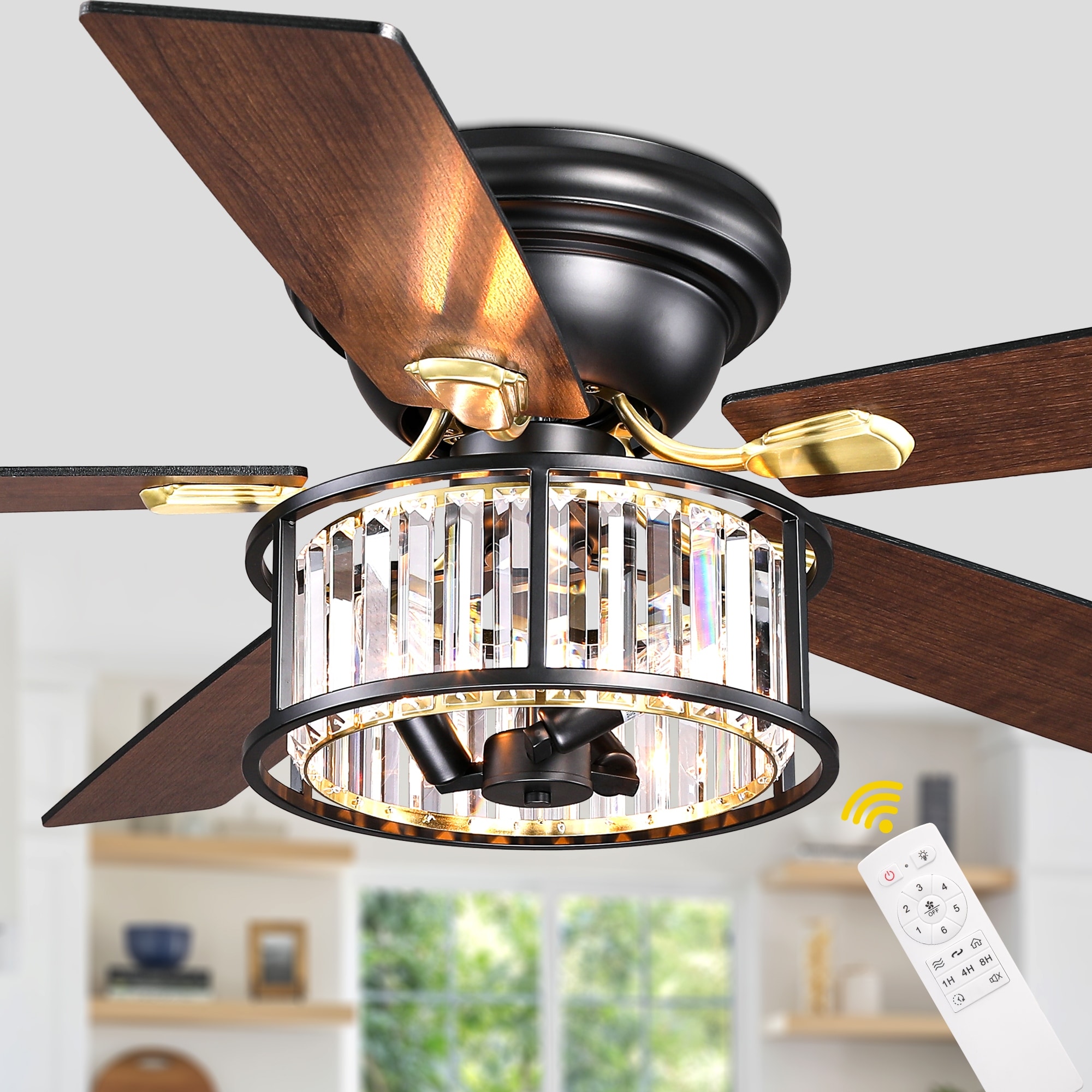 Bella Depot 52" Luxury Crsytal Ceiling Fan with Light and Remote Control Modern 6-speed Glass Caged Flush Mount Ceiling Fan