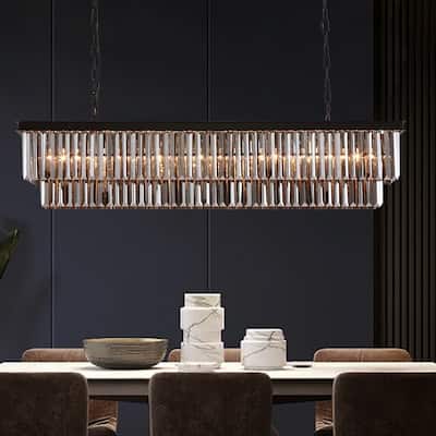47 in. Smoked Gray and Black Modern Contemporary Crystal Chandelier 2-Tier Linear Kitchen Island Pendant Light for Dining Room