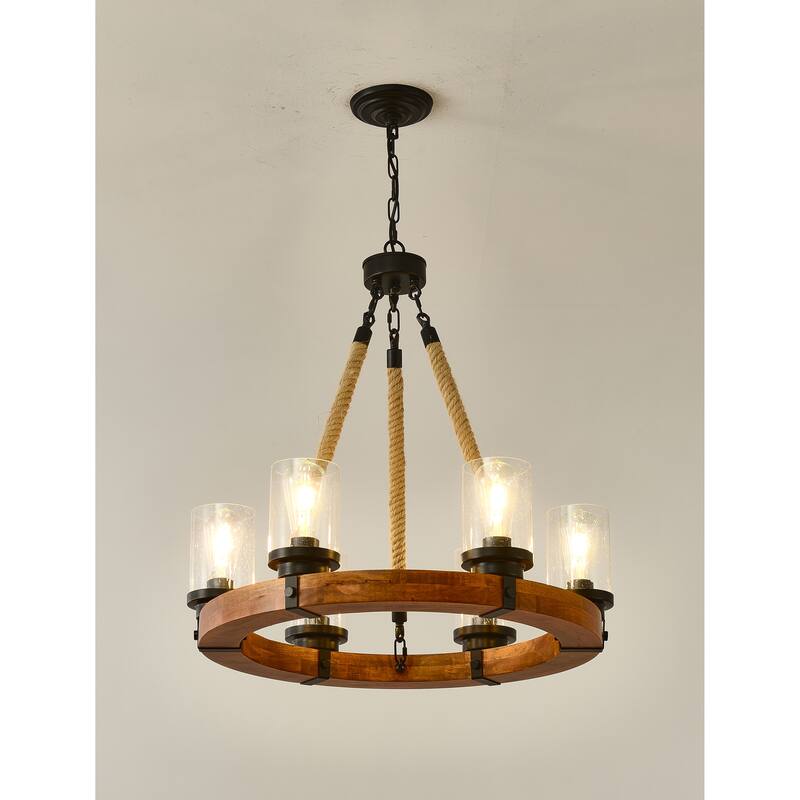 23.62 INCH Round Wood Pendant Light with Seeded Glass Shade, Rustic 6-LightChandelier, (8 Light)--NO INCLUDED BULBS