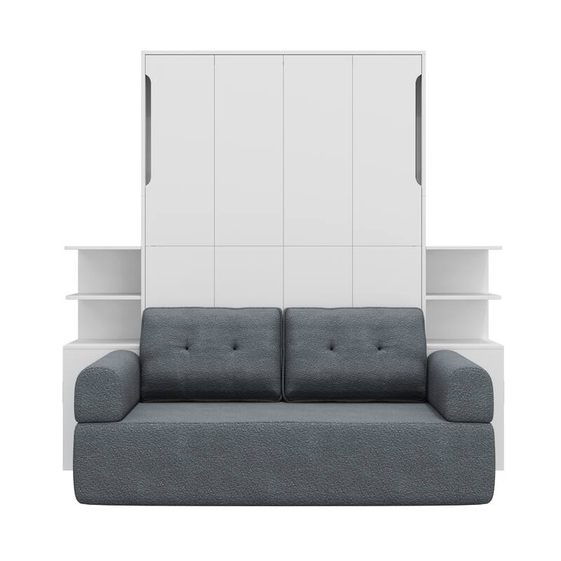 Queen Size Wall Murphy Bed with Sofa, Open Shelves and Side Cabinets