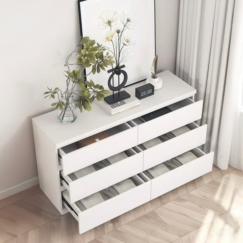 6-Drawer White Modern Dresser with Spacious Countertop, Wood Storage Cabinet with Concealed Handles