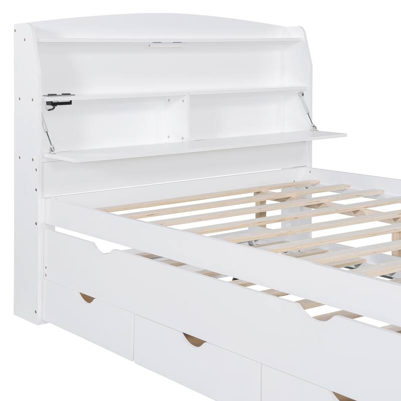 Full Platform Bed with Pull-Out Trundle, LED Headboard Lighting, USB Charging Ports, Flip-Up Storage, and Under-Bed Drawers