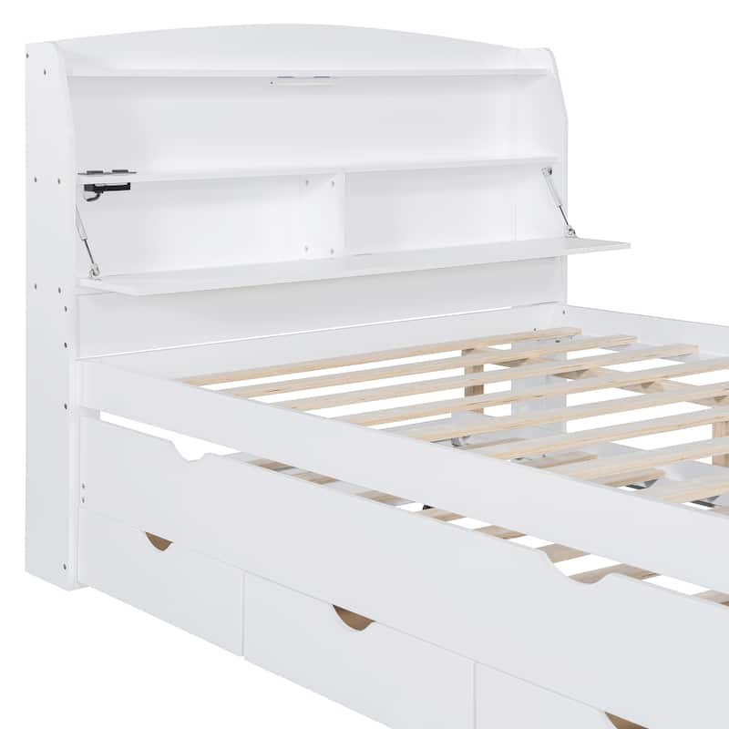 Wooden LED Platform Bed Frame with Pull Out Trundle, Drawers and Storage Headboard