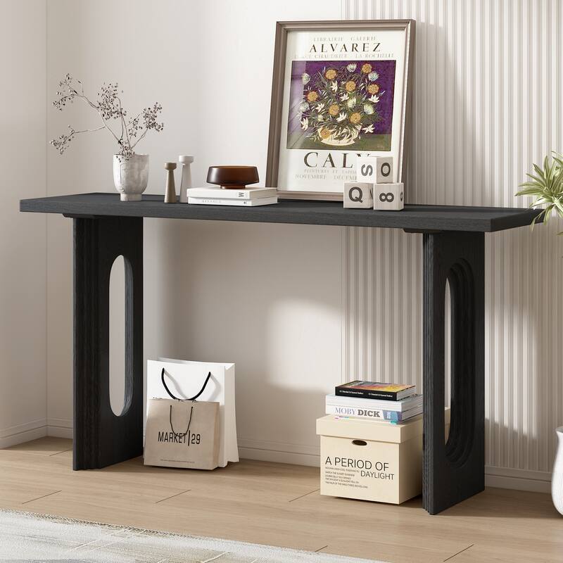 Console Table made of Fraxinus Mandschuric Solid Wood Veneer,with Distinctive Round Hollow Legs - Black
