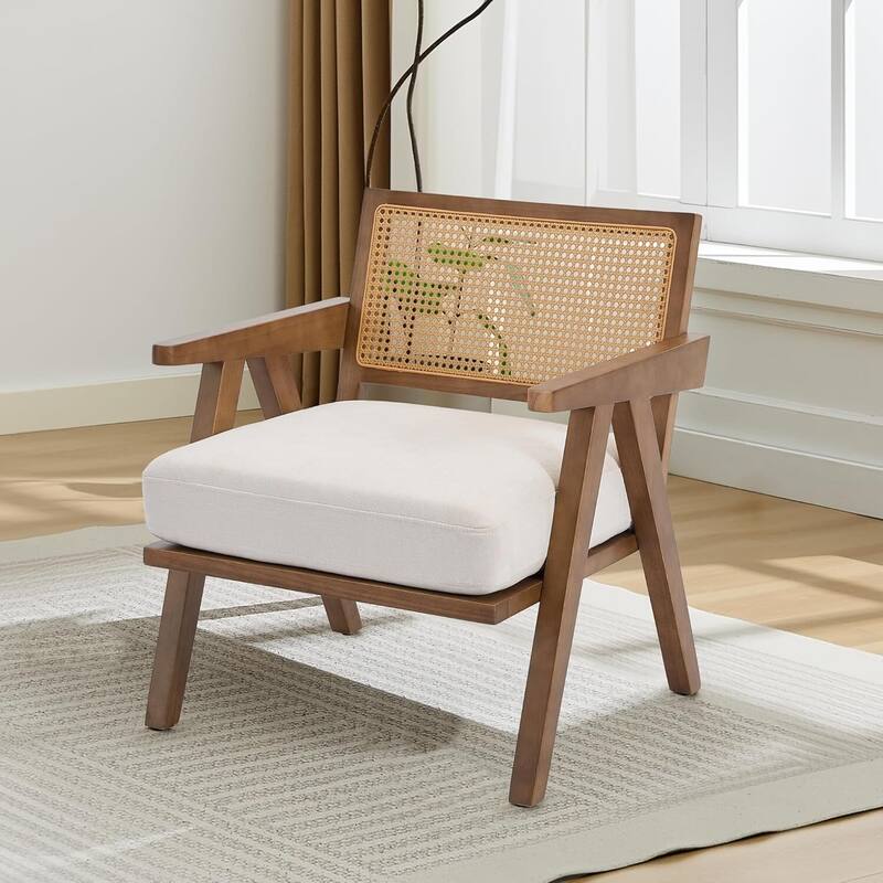Mid-Century Farmhouse Accent Chair with Rattan Backrest for Living Room, Bedroom - Beige