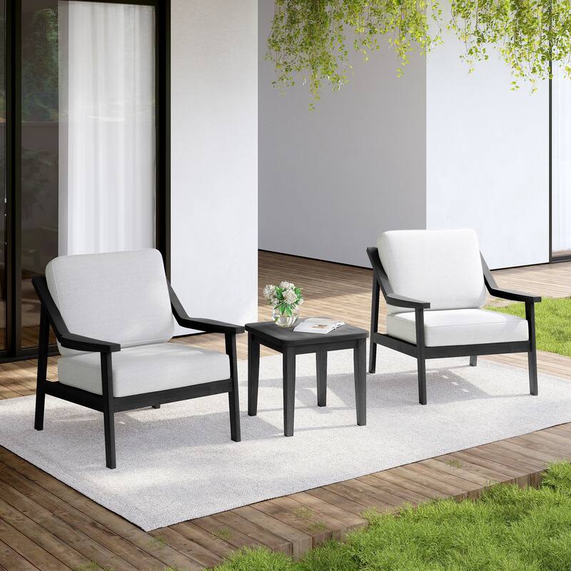Outdoor Wood Cushioned Patio Set of 2 Accent Chair with Side Table - Dark Wood - Beige