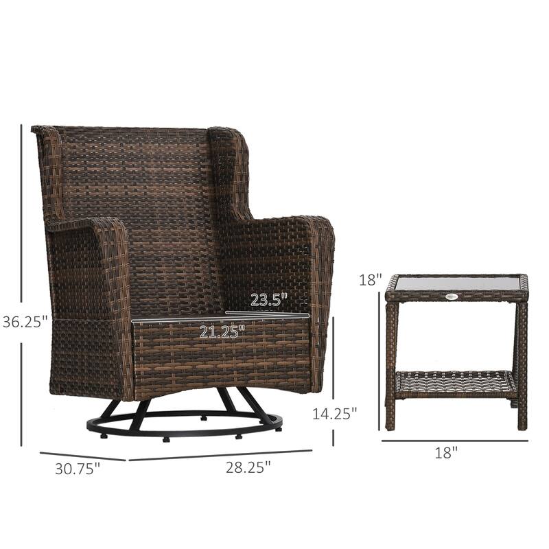 Outsunny 3-Piece Patio Bistro Set, PE Rattan Wicker Outdoor Furniture with Soft Cushions, 2 360° Swivel Rocking Chairs