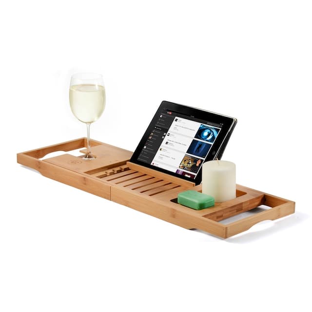 Bambusi Bathtub Caddy Tray with Extending Sides, Reading Stand, Wine Holder and Cellphone Tray