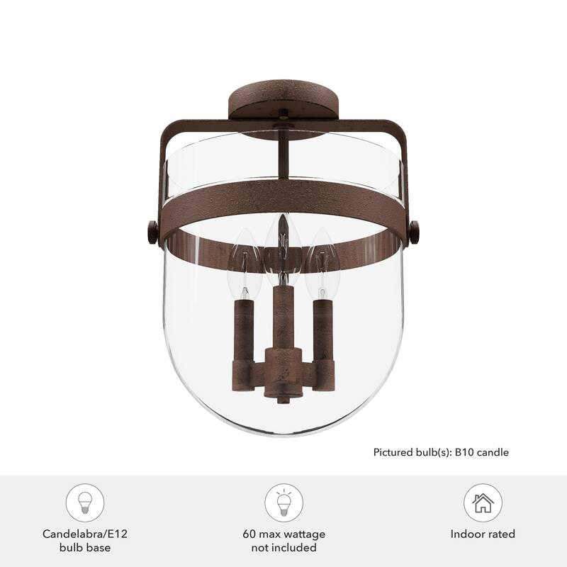 Hunter Karloff Clear Glass 3 Light Flush Mount Ceiling Light - Rustic, Industrial, Transitional
