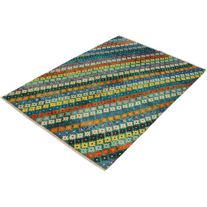 Modern Balochi Rice Green/Beige Hand Knotted Wool Rug - 4'11'' x 6'8''