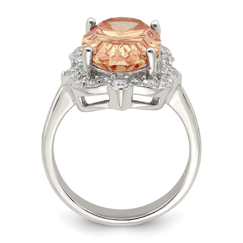 Curata 925 Sterling Silver Oval Polished Open back Champagne and Clear Color CZ Cubic Zirconia Simulated Diamond Ring